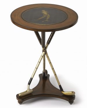 Nineteenth-Hole-Side-Table Golf themed side table with clubs surrounding the legs and a golfer image inlaid on the top